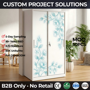 Armoire métallique à 2 portes avec imprimé floral bleu, structure K/D, portes coulissantes, meuble de rangement pour chambre à coucher - Product Image 1