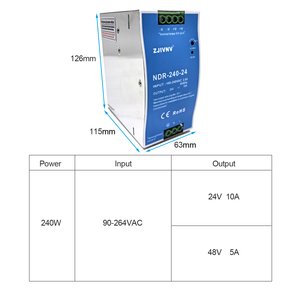 เครื่องแปลงกำลังไฟฟ้า240W 24V 10A Rj45 SMP รางจ่ายไฟกระแสสลับจาก DC แปลง <span class=keywords><strong>NDR</strong></span>-<span class=keywords><strong>240</strong></span>-<span class=keywords><strong>24</strong></span> SMPS แบบ Slim - Product Image 6
