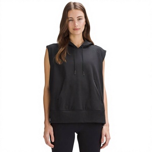 Sweat-shirt à capuche sans manches, couleur unie, avec poche, en molleton bouclette, coupe décontractée, unisexe, noir, pour l'été, anti-boulochage - Product Image 1