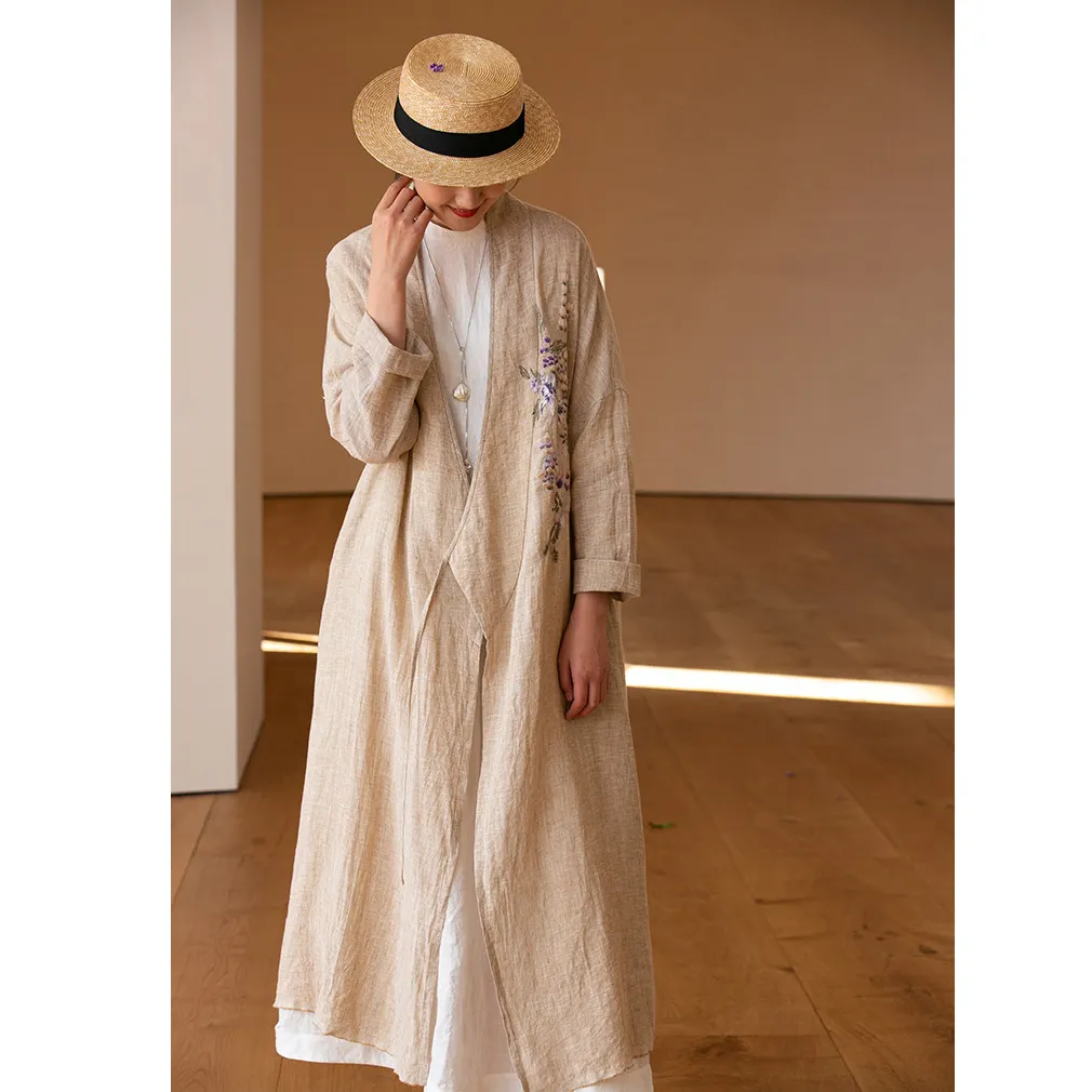 Embroidery Linen Women Long Cardigan Coat Ready To Ship Linen Dress Women Casual Linen Clothing