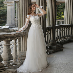 Wedding Dress A-Line O-Neck Long Sleeve Floor Length With Train Simple White Princess Style Mesh Natural Waistline - Product Image 4