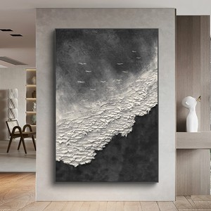 <span class=keywords><strong>Peinture</strong></span> murale minimaliste côtière Wabi Sabi, peinte à la main, texture noire et blanche, paysage marin et <span class=keywords><strong>oiseaux</strong></span>, pour la décoration du salon - Product Image 4