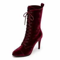 Bottes mi-mollet en velours bordeaux à lacets pour femmes, talons aiguilles hauts, chaussures de mode pour boutiques et détaillants