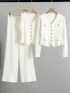 Femmes nouveauté printemps Style décontracté trois pièces ensemble cardigan court <span class=keywords><strong>gilet</strong></span> et taille haute jambe ample pantalons longs - Product Image 3