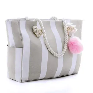Wholesale Large Striped Cotton Canvas Bags Large Capacity Women Tote Bag Cotton Rope Portable Shoulder Beach Bag with Pockets