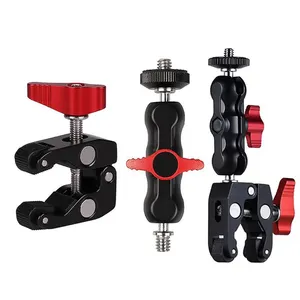 Metal Super Crab Clamp with Double Ball Head Magic Arm 1/4'' 3/8'' Hole Mount Camera Monitor LED Light Mic Bracket