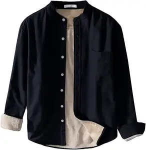 男士保暖休闲厚衬衫夹克羊毛衬里加厚长袖纽扣休闲衬衫实心法兰绒衬衫