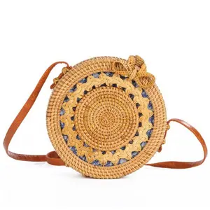 2023 NEW Natural rattan round bag Hand woven straw beach bags with wholesale rattan ladies handbags