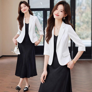 Women's White Summer Suit Jacket Set Three Quarter Sleeve Midi Skirt Elegant Satin Breathable Lightweight Women's Wear - Product Image 1
