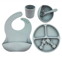 Ensemble d'ustensiles de repas pour tout-petits : bavoirs, bols, assiettes compartimentées, tasses, fourchettes, cuillères en silicone de qualité alimentaire, compatibles micro-ondes et lave-vaisselle