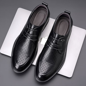 Chaussures habillées de bureau pour hommes en cuir véritable à bout pointu, respirantes et à lacets, idéales pour l'été - Product Image 5