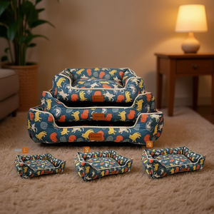 Ensemble de trois pièces imprimées en lin pour niche à chien avec tête de chien sur fond bleu pour le lit confortable de votre ami à fourrure - Product Image 3