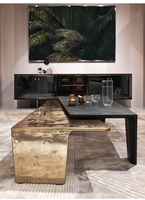 Table basse contemporaine convertible, faite à la main en acier inoxydable et bois, noir et or