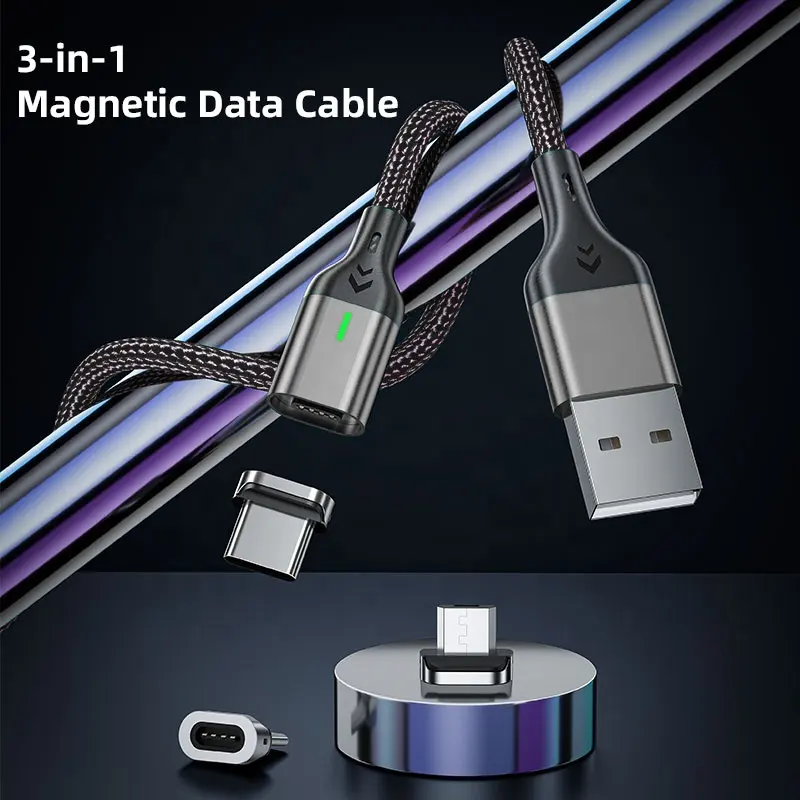 Cabo de dados USB 2.0 de venda quente acessórios móveis trançados de nylon logotipo personalizável inserção plana 3 em 1 cabo de carregamento rápido