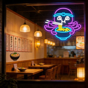 Enseigne néon LED Pieuvre mangeant des nouilles, alimentée par USB, à intensité variable, décoration murale et suspendue - Product Image 1
