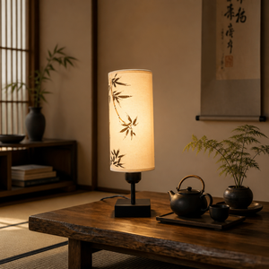 Lampe <span class=keywords><strong>de</strong></span> table Japandi en <span class=keywords><strong>bambou</strong></span> imprimé, LED 9W 3 couleurs, 100-265V, abat-jour en lin, motif <span class=keywords><strong>encre</strong></span>, pour chambre et salon, décoration style asiatique - Product Image 1