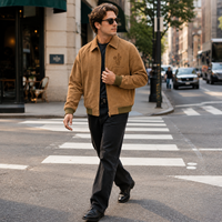 Veste en daim pour homme avec logo personnalisé, couleur unie, broderie, fermeture éclair, bordure contrastée, style bomber décontracté