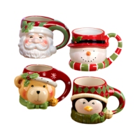 Ensemble de 4 tasses à café de Noël en porcelaine écologique de 16 oz, design Père Noël, bonhomme de neige, pingouin, ours, multicolores, 3D, figurines, pour les fêtes d'hiver