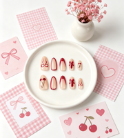 Faux ongles en ABS, forme amande, rouge nude, motif fleur, avec nœud rouge jazzant et cerise, 30 pièces en boîte, vente en gros, pour usage quotidien et fêtes