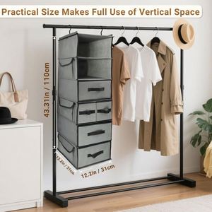 6-Layer Non Woven Hanging Closet Organizer with Foldable Drawers Collapsible Wardrobe Storage Shelves for Clothe Sweater Handbag - Product Image 4