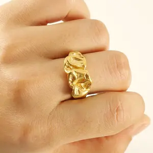 Fashion jewelry women stainless steel rings adjustable irregular chunky 18k gold men's wave ring