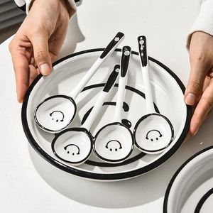 Juego de platos y tazones de cerámica con diseño de cara sonriente, apto para lavavajillas, vajilla para fiestas para adultos - Product Image 4