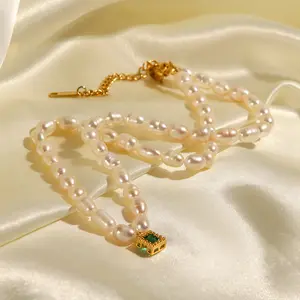 奢华天然淡水珍珠项链绿色宝石方形吊坠项链钛钢珍珠项链女