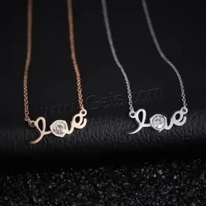 fashion jewelry Cubic Zirconia Stainless Steel Necklace for woman word love plated oval chain 21x8mm Approx 16.5 Inch 1119227