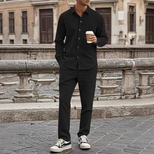 Erkek rahat hırka uzun kollu pantolon 2 parça takım elbise erkekler kadife düğme aşağı gömlek iki adet setleri - Product Image 1