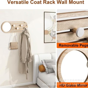 Perchero de madera con espejo y ganchos, montado en la pared para recibidor, dormitorio, sala de estar, estante de almacenamiento extraíble - Product Image 3