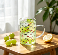 Mug en verre borosilicate à imprimé cœur rouge et gris, résistant à la chaleur, tasse à café ou à thé transparente avec poignée pour la maison, le bureau, le café, la vaisselle de table