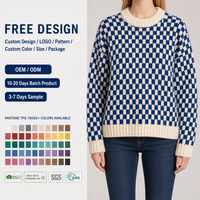 Pull en tricot brioche personnalisé pour femme, col rond, bleu roi, texture à carreaux crème, usine OEM ODM