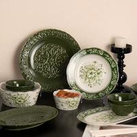 Assiettes de Dîner en Porcelaine Verte Grande Taille, Design Floral Nordique, Écologiques, Jetables, Lavables au Lave-Vaisselle, Luxe Vintage, Vente en Gros