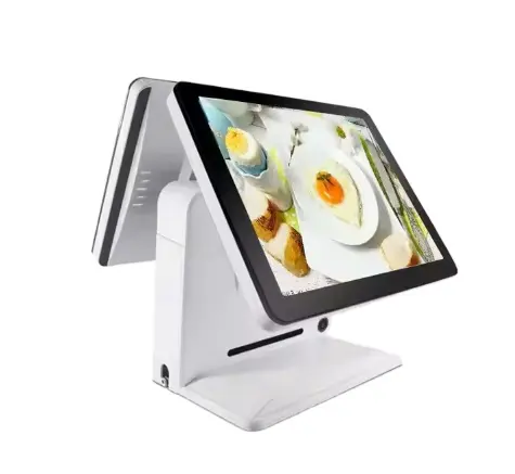 El mejor sistema Epos Pantalla dual de color blanco y negro Máquina pos de pantalla táctil capacitiva AIO de 15 o 15,6 pulgadas