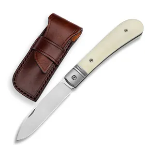 M390 Blade Pocket Knife Camel Bone Titanium Handle Folding Knives with Leather Sheath Outdoor Survival Camping Tactical knife