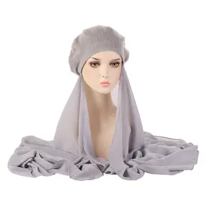 New Design Solid Color Pearl Chiffon Hijab With Beret 2 Set of Veil Scarf With Hat For Ladies