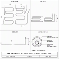 Élément chauffant OEM à six grilles pour machine à croquettes, 750W 850W, en acier inoxydable SS201, serpentin multi-boucles, pour machine à hot-dogs, corn-dogs et gaufres