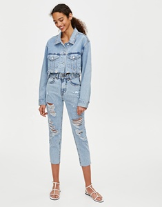 Ripped mom jeans vintage distressed bleach wash women denim capris jeans - Product Image 2
