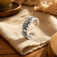 Bague ouverte ajustable gravée style graffiti vintage, plaqué argent antique, motif rétro, bijou de mode pour femme, base en cuivre