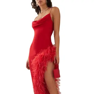 Yaz kadın zarif devekuşu tüy trim kırmızı straplez sıkı backless seksi orta uzunlukta elbise