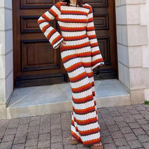 NUOVO <span class=keywords><strong>Abito</strong></span> Lungo da Donna <span class=keywords><strong>in</strong></span> <span class=keywords><strong>Maglia</strong></span> a Righe con Maniche Lunghe, <span class=keywords><strong>Schiena</strong></span> <span class=keywords><strong>Scoperta</strong></span>, Stile Crochet, Vestito Maxi da Spiaggia - Product Image 2