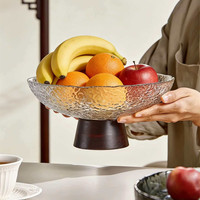 Bol à fruits en verre sur pied, rond, avec base en bois, pour la maison et les fêtes