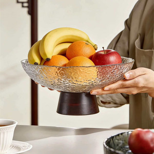 Bol à fruits en verre sur pied, rond, avec base en bois, pour la maison et les fêtes - Product Image 3