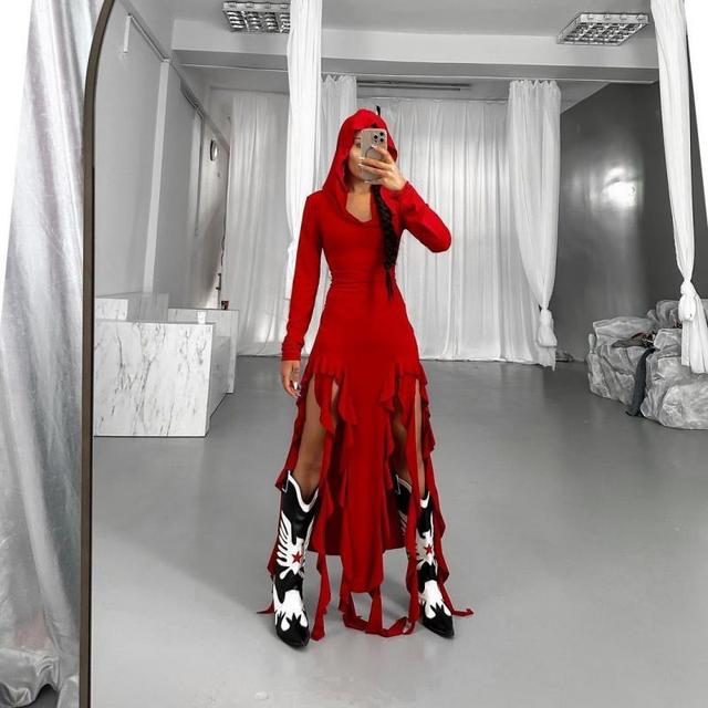 King Mcgreen Star Elegant Ruffles Detail Split Hooded Maxi Dress Women Autumn Long Sleeve Bodycon Dresses Rave Festival Dress