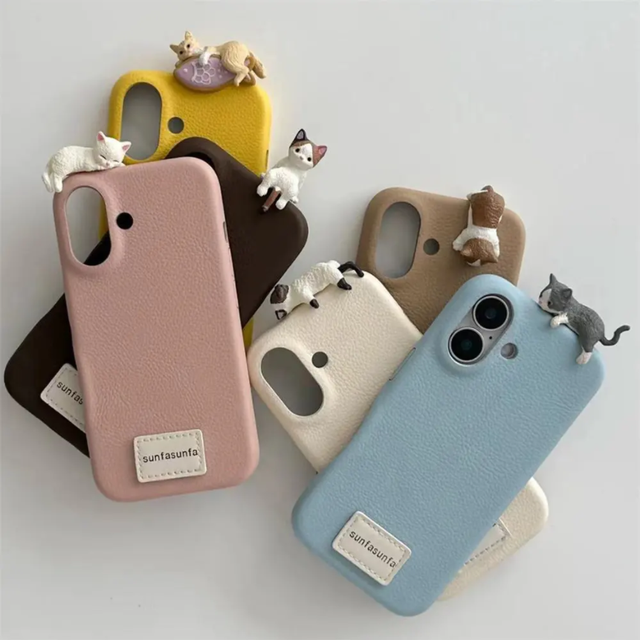 Cute Cartoon 3D Cat PU Leather Texture Protective Silicone TPU Phone Case for iPhone 16 Plus 15 Pro Max Mobile Phone Cover