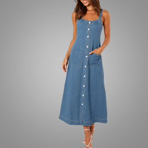 Alta calidad Denim Wash Mujeres Vestido <span class=keywords><strong>Elegante</strong></span> Smocking Sin mangas Correa Vestidos en línea - Product Image 2