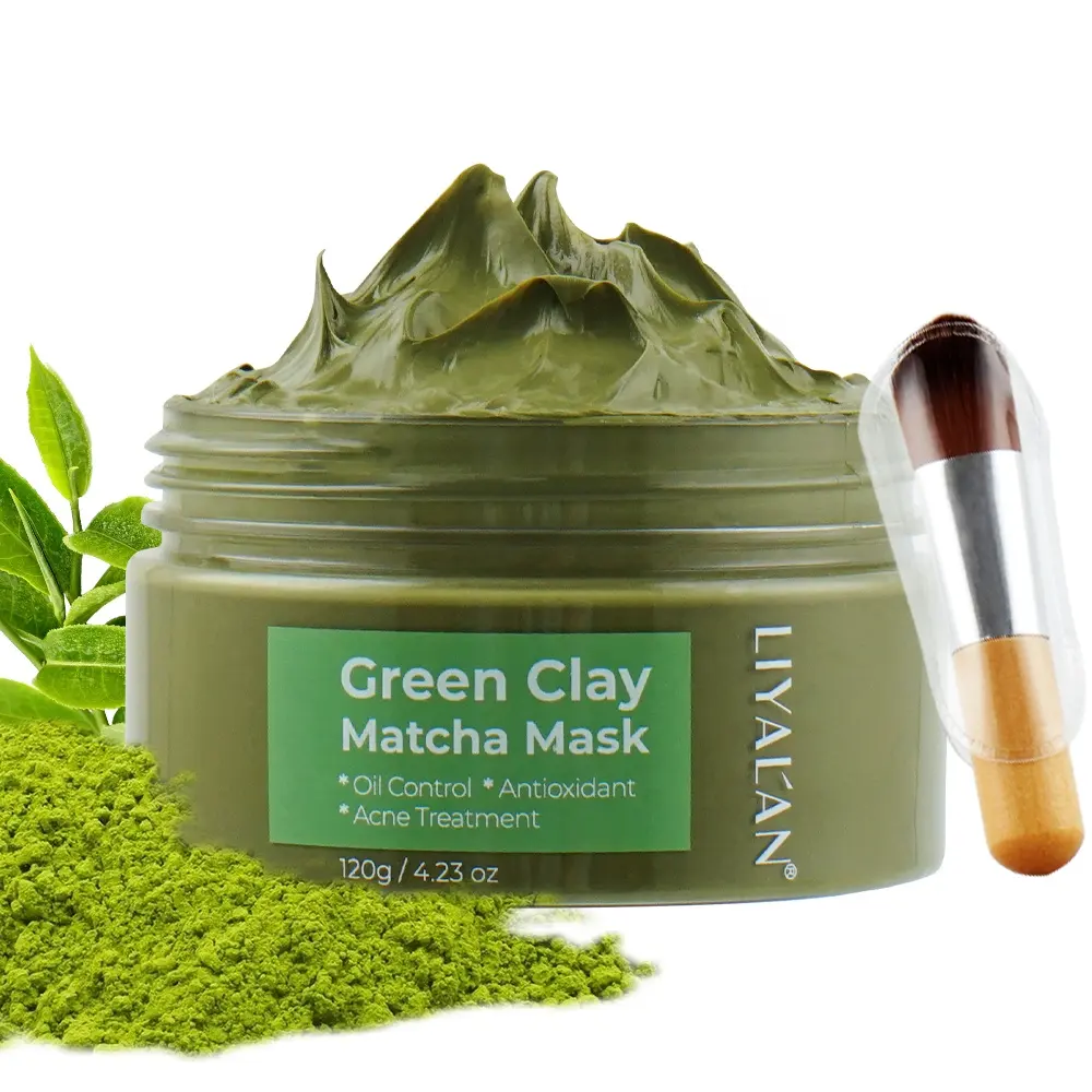 Private Label Maskss Face Skin Care Purifying Matcha Green Tea Clay Mask With Brush