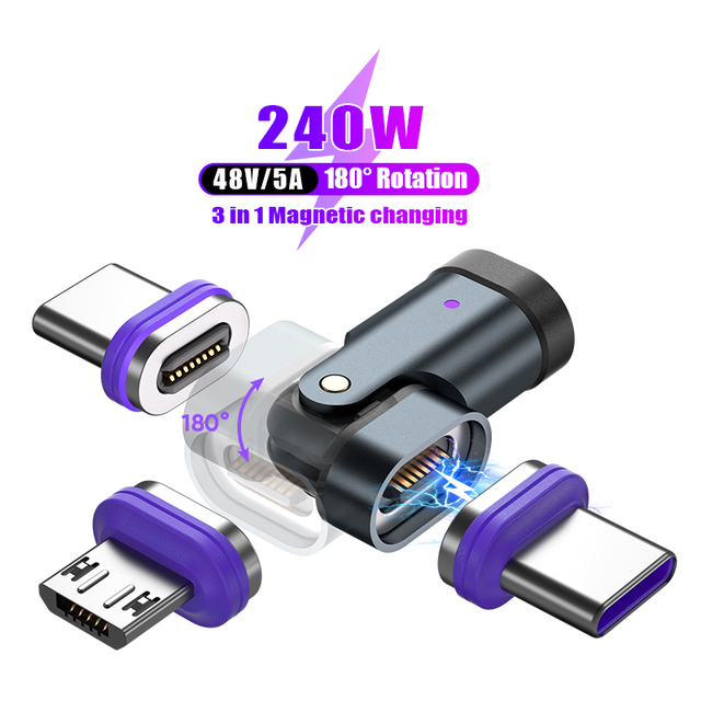 3 in 1 240W 180 Bending TYPE-C Magnetic Adapter 16pin C to Micro USB-C I-Product Fast Charging & Data Sync Converter Adapter