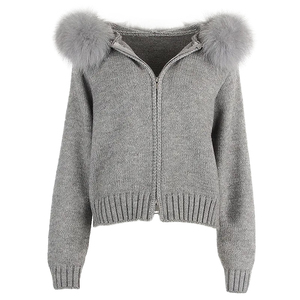 Wholesale <strong>Ladies</strong> Breathable Dyed Knitted Coat <strong>Hooded</strong> Zipper Autumn Removable Fuzzy Real Fox Fur Collar Wool Knit <strong>Cardigan</strong> - Product Image 2
