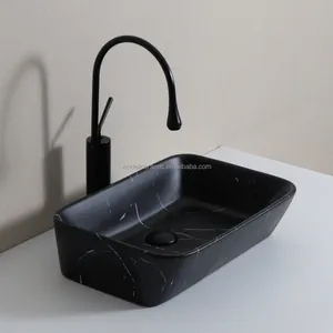 Lavabo Meja Populer Keramik Buatan Tangan, Wastafel Kamar Mandi Bak Cuci Marmer Hitam Matte